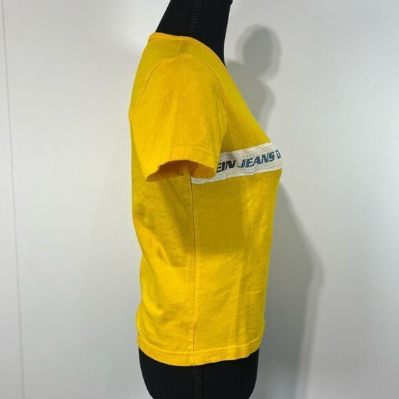 Calvin Klein Jeans Semi-Crop Yellow V-Neck Top Size M Women’s Yellow Logo - Picture 3 of 11